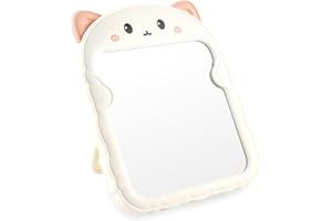 TBWHL Cute Table Desk Mirror Cartoon Cat Mirror for Desk, Desktop Mirror with Stand for College, Kids, Teen, Hanging Vanity Makeup Mirror for Dorm, Bedroom, Office Cubicle (White Cat)