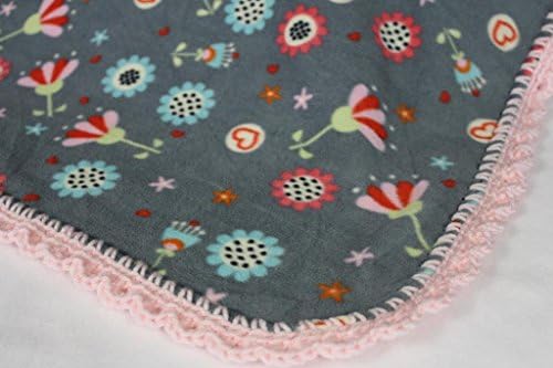 Grey with Flowers Fleece Baby Blanket with Pink Crochet Edges