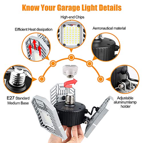 Tribright Garage Light 3000K Warm White Tribrite Led Adjustable Light 6000 Lumens 60W Deformable Lamp, CRI80+ LED Shop Lights for Garage Basement Barn(Warm Light,Not Motion Activated)