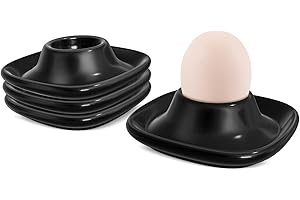 Flexzion Soft Boiled Egg Holder Set - 4-Piece Black Ceramic Egg Cup, Stackable Egg Coddler Cups with Base for Serving, Breakf