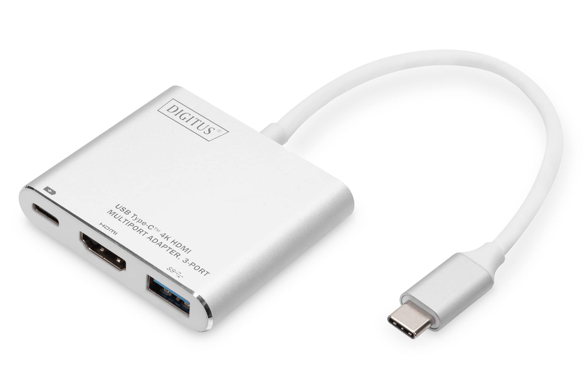 DIGITUS USB Type-C Multiport Graphics Adapter, USB Type-C to HDMI + USB A 3.0 + USB C, Charging Function, 4K Ultra HD 30Hz, Aluminium, 51 x 58 x 11 mm