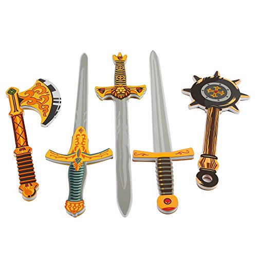 Gladiator Warrior Foam Swords & Weapons 5 Pack Extra Large Toy Set for Kids with 3 Long Swords, Axe and Mace