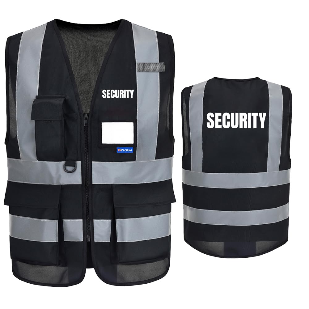 Small Black Security Hi Vis Vest for Men Women - 7 Pockets High Visibility Safety Vest With Zipper