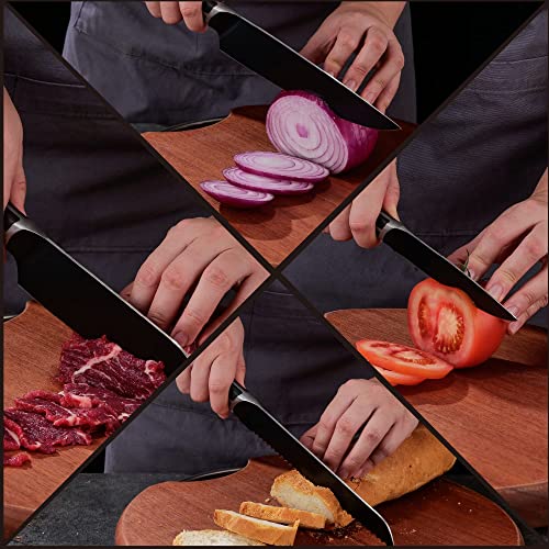 Kitchen Knife Set, 7 Pieces German Stainless Steel Knives Set for Kitchen with Acacia Wood Block, Kitchen Scissors, Box Packed, Elegant Black