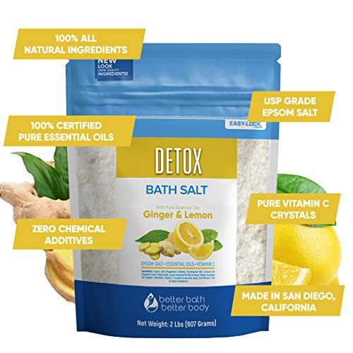 Detox Bath Salt 32 Ounces Epsom Salt with Ginger and Lemon Essential Oils Plus Vitamin C and All Natural Ingredients BPA Free Pouch With Easy Press-Lock Seal