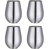 Buyer Star 304 Stainless Steel Wine Glasses Set of 4 - Large 17 oz Outdoor Stemless Wine Tumblers - 100% Unbreakable & Stemless Metal Drinking Cups for Home and Outdoors Dishwasher safe (Silver)