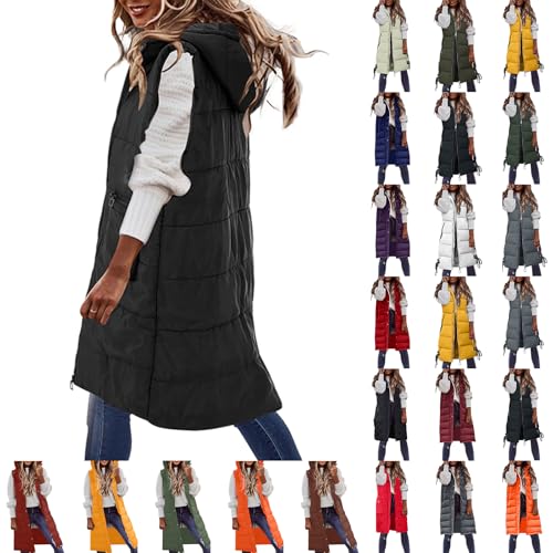 Women Quilted Gilets Longline Hooded Waistcoat Ladies Lightweight Padded Sleeveless Puffer Coat Zip Up Side Split Down Vest Long BodyWarmer Winter Jacket With Pockets Orange XL