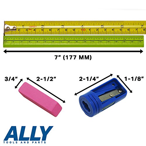 ALLY Tools 24 PC Neon Green Carpenter Pencil Kit with Printed Metric/Inch Ruler INCLUDES Sharpener and Pink Eraser Ideal For Precision Marking on Wood, Stone, and Concrete - Thumbnail 3