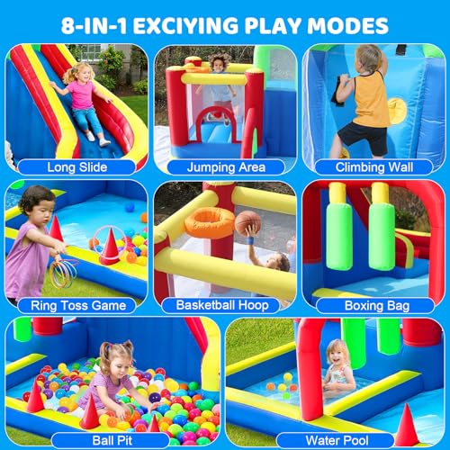 PZGEQ Bounce House, Inflatable Bouncing House for Kids, 8-in-1 Bouncy Castle with Blower, Kids Jumper Bouncy House with Slide for Indoor Outdoor Backyard