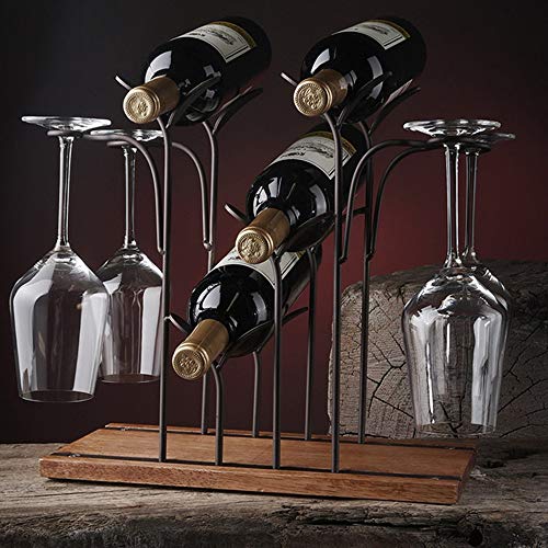 DCIGNA Freestanding Metal Wine Rack With Glass Holder, Wood Tabletop