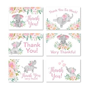 24 Pink Floral Elephant Baby Shower Thank You Cards With Envelopes, Kids Thank You Note, Vintage Animal 4×6 Varied…