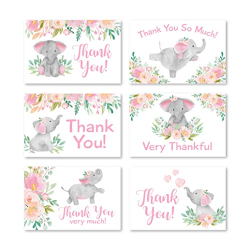 24 Pink Floral Elephant Baby Shower Thank You Cards With Envelopes, Kids Thank You Note, Vintage Animal 4×6 Varied…