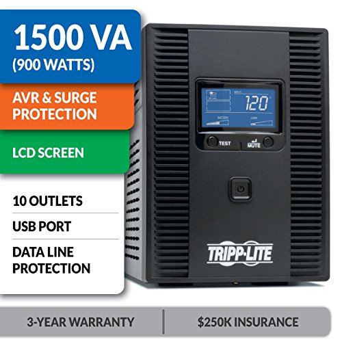 Tripp Lite 1500VA 900W UPS Battery Backup, AVR, LCD Display, Line-Interactive, 10 Outlets, 120V, USB, Tel & Coax Protection (SMART1500LCDT)