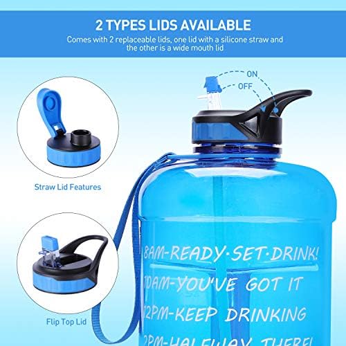 Large 1 Gallon Water Bottle,128oz Big Sports Water Bottle with 2 Replacement Lid, Straw/Motivational Time Marker/Hand Strap,Leakproof BPA Free Water Jug for Gym Fitness Workouts Camping Outdoor 2 51UPk5PjNAL. AC