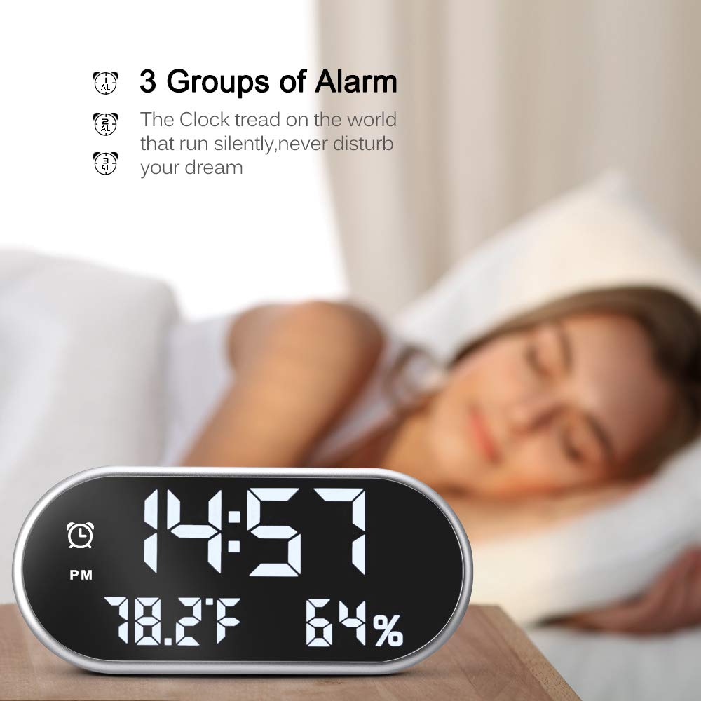 USB Digital Alarm Clocks Mirror Bedside Large LED Display Non Ticking for Kids