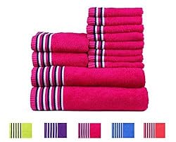 See Trident Candy Stripes Soft and Light 100% Combed Cotton 400 GSM 12-Pieces (Bath, Hand & Wash Cloth) Towel Gift Set- Neon Pink Details