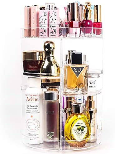 360 Degree Spinning Makeup Organizer, sanipoe Adjustable Makeup Carousel Round Rotating Storage Stand Rack, Large Capacity Ondisplay Shelf Cosmetics Organizer, Best for Countertop and Bathroom, Clear