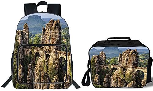 19" School Backpack & Lunch Bag Bundle,Medieval Decor,Famous Historical Bastion Bridge in Swiss Germany Middle Age Culture Heritage Photo Art,Grey Green,for Boys Girls