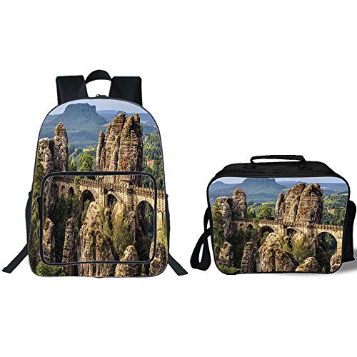 19" School Backpack & Lunch Bag Bundle,Medieval Decor,Famous Historical Bastion Bridge in Swiss Germany Middle Age Culture Heritage Photo Art,Grey Green,for Boys Girls