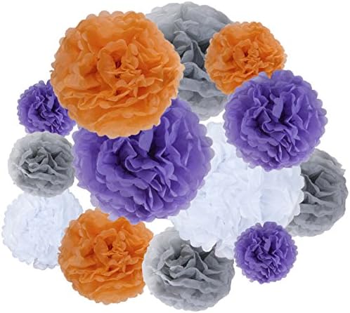 VIDAL CRAFTS 20 Pcs Party Tissue Paper Pom Poms Kit, 14", 10", 8", 6" Paper Flower Balls, for Wedding, Baby Shower, Birthday, Nursery Decorations - orange, grey, purple, white