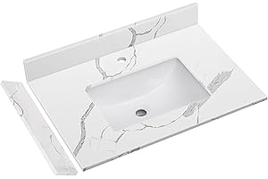 EQLOO 30 in.W x 22 in.D Quartz Calacatta River Vanity Top,with Undermount Middle Sink Vanity Top,with One Sidesplash & One Backsplash,Single Faucet Hole Spread Bathroom Vanity Sink Countertop