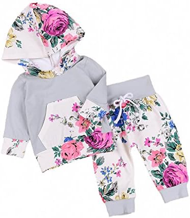 GSHOOTS Baby Girls' Autumn Clothes Set Floral Pocket Hoodie + Pants 2Pcs Outfit (90/12-18 Months, Gray)