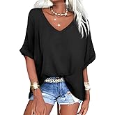 Langwyqu Women's Oversized T Shirts V Neck Short Sleeve Summer Casual Loose Tops Tees