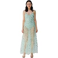 Womens Mesh Shiny Star Long Tulle Dress Sexy Spaghetti Strap See Through  Beach Cover Up Prom Dress at Amazon Women's Clothing store