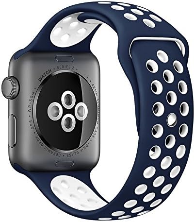 Gersymi Tech Sport Silicone Replacement Strap Band with Adjustable Buckle and Quick Release for Apple Series 2 iWatch - Large - Midnight Blue / White