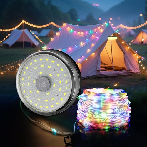 Camping String Lights 32.8FT, 4000mAh Rechargeable RGB Tent Lights for Camping, 4 Lighting Modes & Quick Storage, Glamping Essentials, Portable Waterproof Camp Light for Outdoor, Hiking, Yard