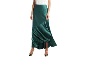 SEBOWEL Women Satin Skirt Silk A Line Swing Ruffle Pleated Cocktail Skirts Silky High Low Tiered Long Maxi Skirt with Split