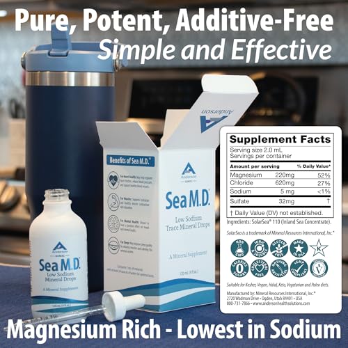 Anderson Sea M.D. Concentrated Trace Mineral Drops, Ionic Electrolyte Magnesium Supplement, Liquid Magnesium, Easy to Take, 4 fl oz, 60 Servings in Glass Bottle