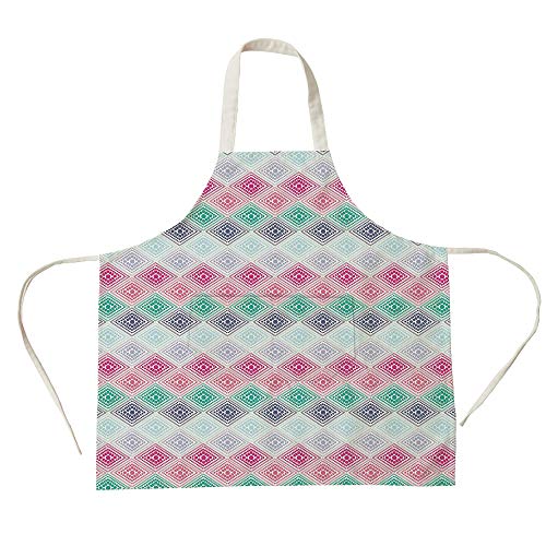 3D Printed Cotton Linen Big Pocket Apron,Geometric,Abstract Horizontal Diamond Forms and Featured Little Dots Soft Colored Pattern Decorative,Multicolor,for Cooking Baking Gardening