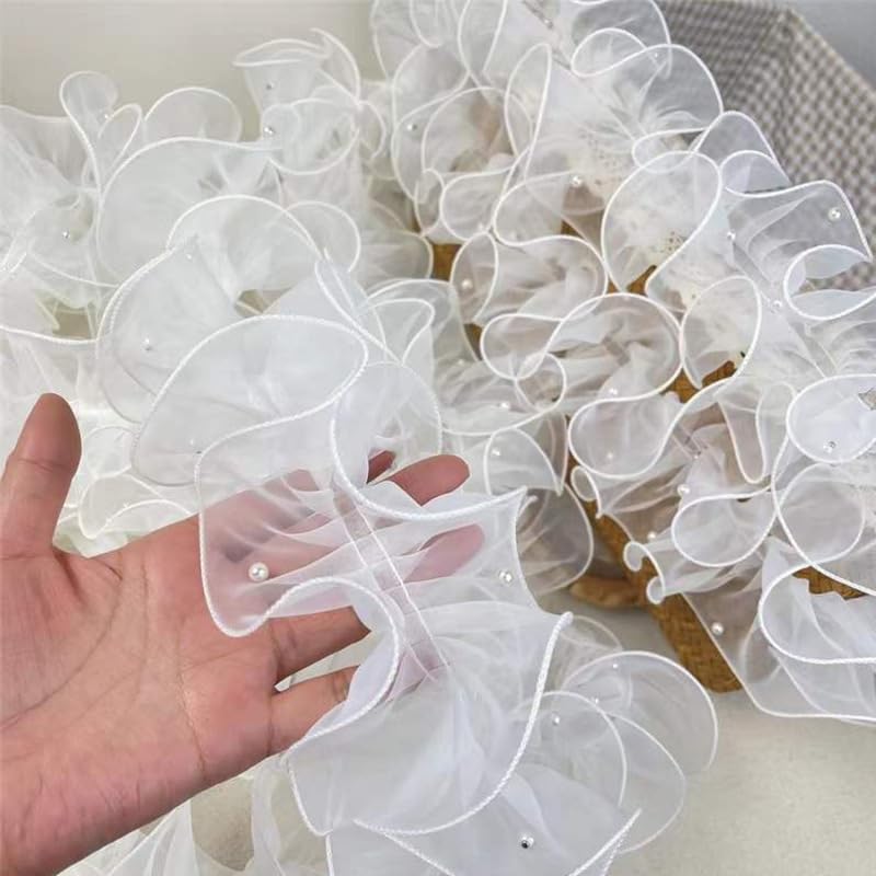 Photo 1 of 6.56Ft Organza Pleated Fabric 4.3" White Ruffled Ribbon Pearl Lace Edge Trim for Applique Sewing Craft Wedding Dress Embellishment DIY Decor