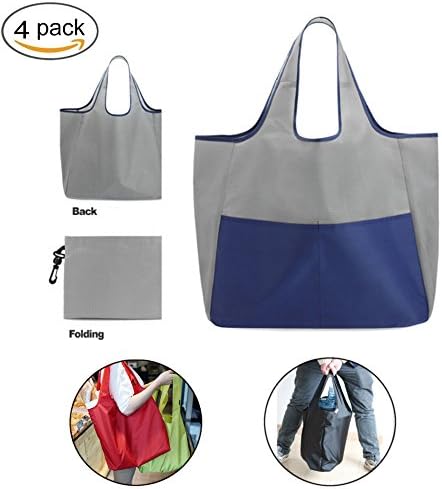 YYKIT Pack of 4 Large Reusable Shopping Bags with 2 Pockets Grocery Tote Cart Storage Bags (Gray)