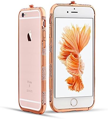 iphone 6 Case, Aluminum Metal Hard Frame, Luxury Diamond Bling Shiny Sparkling with Crystal Rhinestone for Apple iphone 6/6s (4.7”) - Retail Packaging (Rose Gold)
