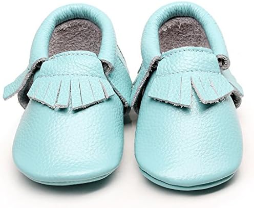 WAZZIT Leather Baby Moccasins Boys Girls Crib Toddler Shoes Soft Sole Tassels Prewalker,Light Blue,6-12 Months