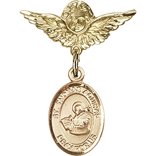 Gold Filled Baby Badge with St. Thomas Aquinas Charm and Angel w/Wings Badge Pin 1 X 3/4 inches