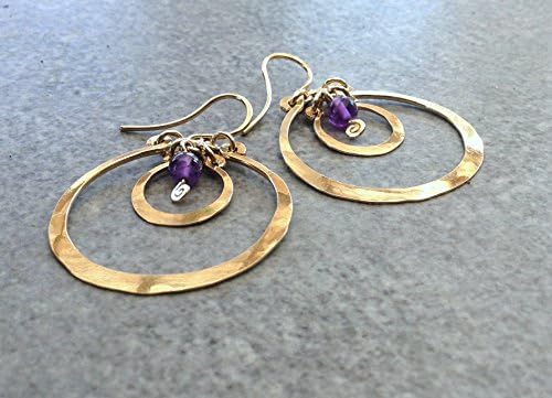 14k Gold Filled, Dangle eclipse earrings. Gold drop hoops gypsy earrings. with Amethyst (or your choise of stone)