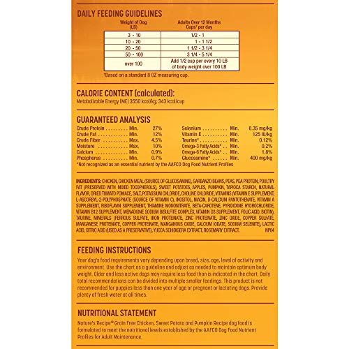 Nature's Recipe Grain Free Easy to Digest Dry Dog Food, Chicken, Sweet Potato & Pumpkin Recipe, 12-Pound