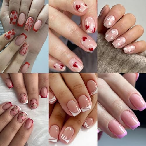 6 Packs (144 Pcs) Square Press on Nails - French Tip, Red, Heart False Nails - Short, Medium Glue on Fake Nails for Women - 12 Sizes, 6 Styles