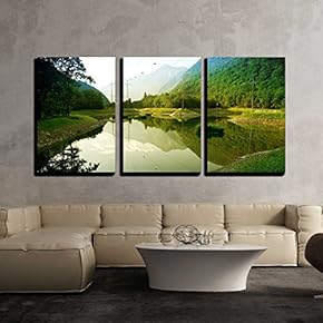 3 Piece Canvas Wall Art - Small Lake in The Switzerland Mountains - Modern Home Art Stretched and Framed Ready to Hang - 16"x24"x3 Panels