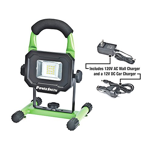 PowerSmith PWLR1110M 900 Lumen LED Weatherproof Tiltable Portable Lithium-Ion Battery-Powered Cordless Work Light with Magnetic Base, Impact-Resistant Glass Lens, Wall Charger, and Car Charg, Green