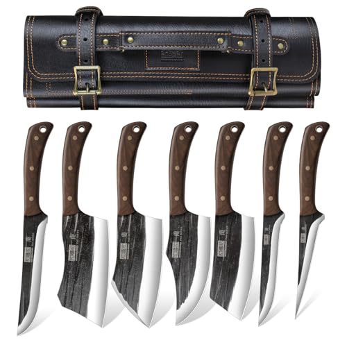 HOSHANHO Butcher Knife Set, Hand Forged Butcher Chef Knife Set with Roll Bag, Sharp Meat Cleaver Knife & Bone Chopper Knives & Fillet Knives for Home & Camping & BBQ Gift with Men