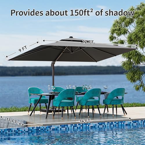 ZLACUIU 9x12FT Grey Cantilever Outdoor Patio Umbrella with Base, Large Rectangular Offset Design, Double Top Heavy Duty Aluminum Frame & 360° Rotation for Pool Garden Deck Backyard