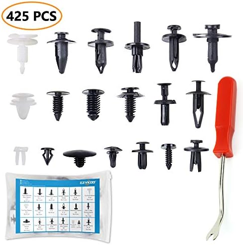 EZYKOO 425 pcs Plastic Rivets-19 Popular Sizes Car Door Panel Clips Kit Upholstery Fasteners Removal Tool GM Ford Toyota Honda Chrysler