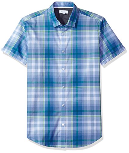 Calvin Klein Men's Short Sleeve Bar Plaid Button Down Shirt, Loyalty, Small