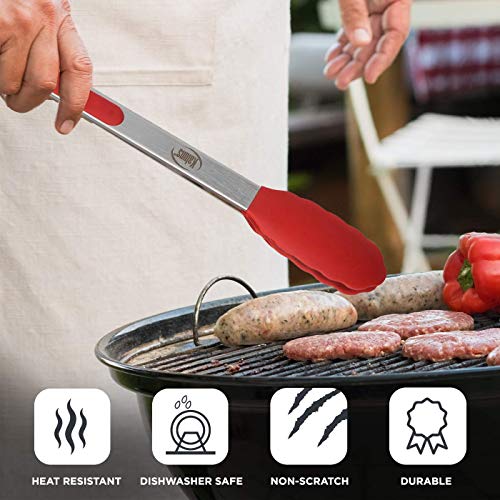 Kaluns Kitchen Tong Set 4 Piece -Red- Stainless steel 7-9-12 Inch Tongs Bonus Silicone Spatula Best Non-stick, Heat resistant Serving Utensils New Tools Collection Best for Cooking and Baking.