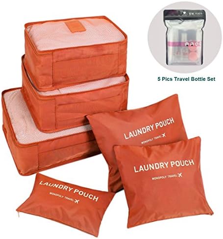 YEECOOL 7 Set Travel Organizer Packing Cubes Laundry Bag Luggage Compression Pouches with Travel Bottle Set (Orange)