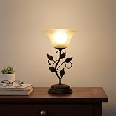 Vintage Table Lamp, Metal Leaf Black Base Decor Lamp, 7.28×7.28×14.29 inch LED Floral Desk Light, With frosted Glass Shade, One-Button Switch for Bedroom, Living Room, Nightstand, LED Bulb Included